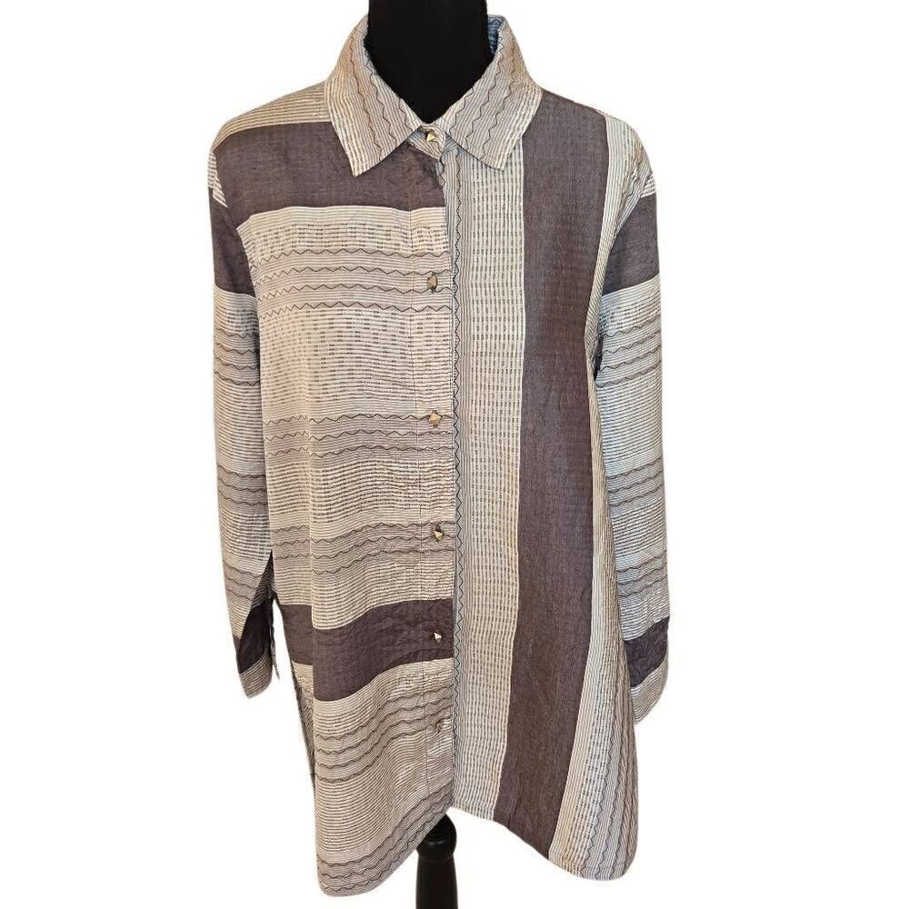 Focus Casual Life Womens Striped Button Front Tunic Blouse Gray White Medium